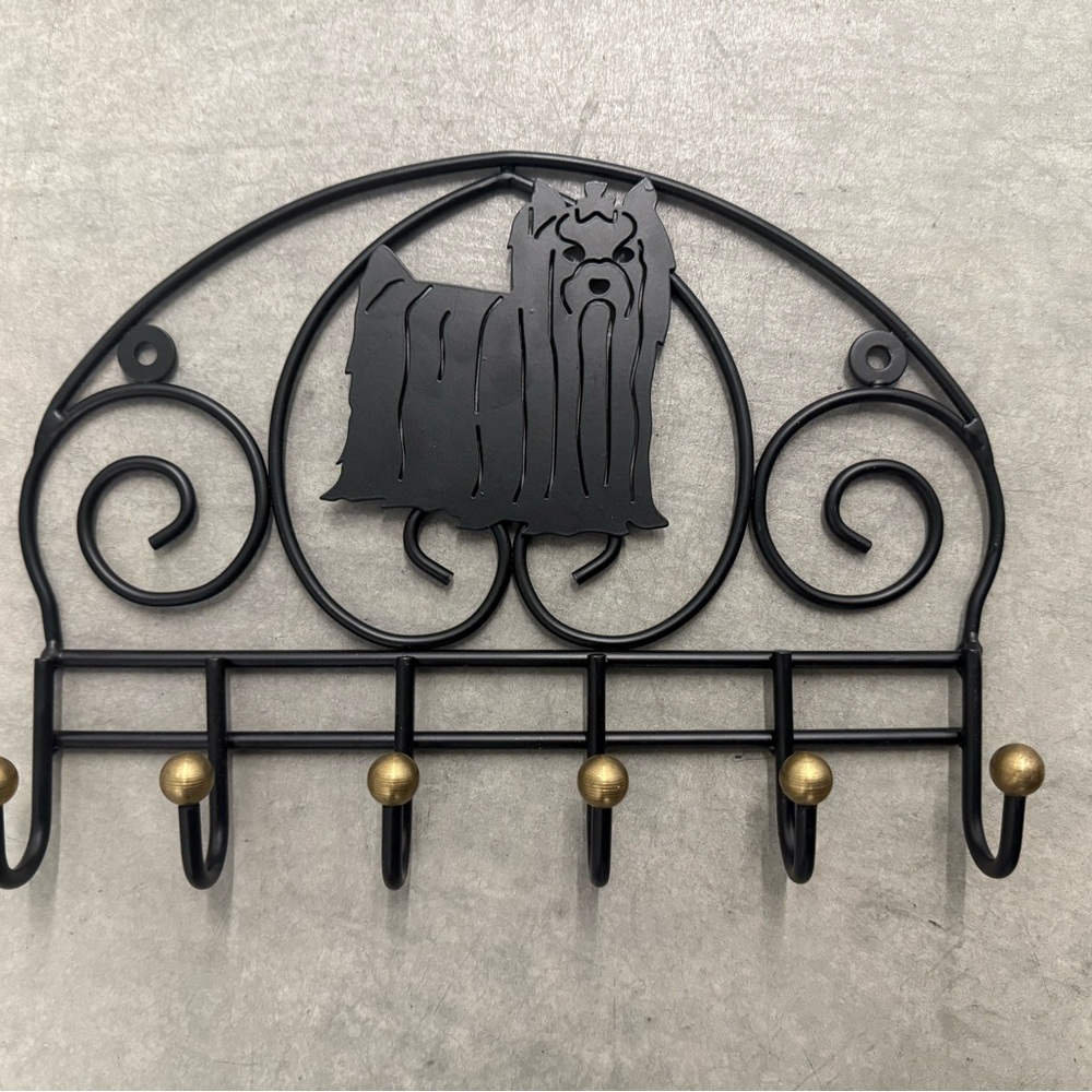 Black Metal Leash, Collar, Dog Coat Holder Featuring Yorkie Silhouette